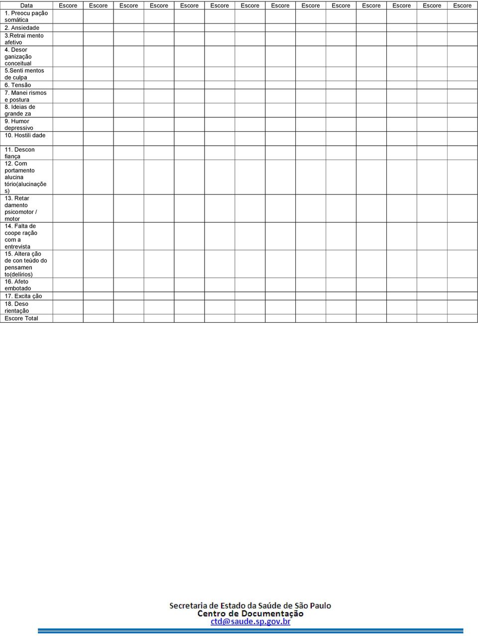 Humor depressivo 10. Hostili dade 11. Descon fiança 12. Com portamento alucina tório(alucinaçõe s) 13. Retar damento psicomotor / motor 14.