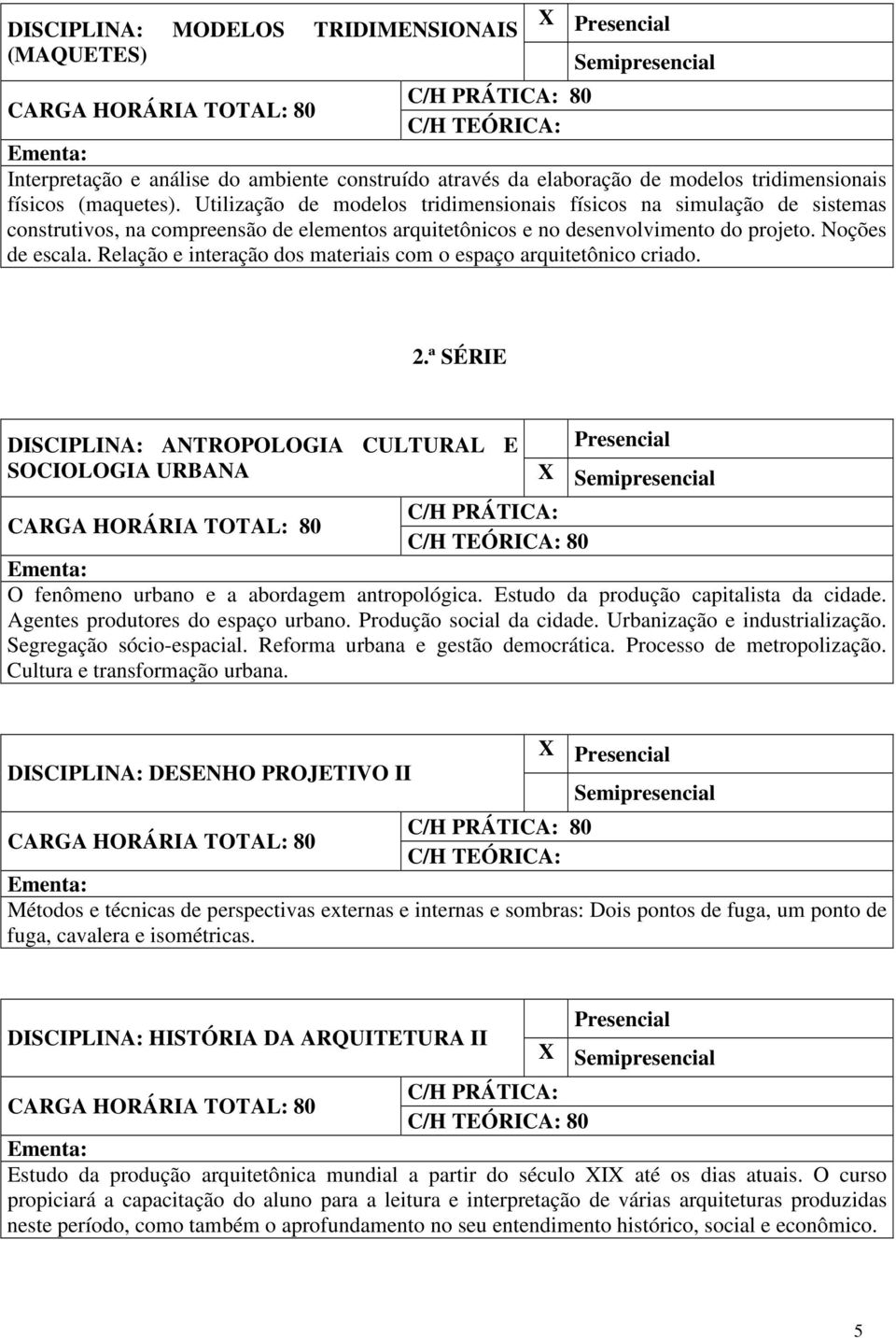 Relação e interação dos materiais com o espaço arquitetônico criado. 2.ª SÉRIE DISCIPLINA: ANTROPOLOGIA CULTURAL E SOCIOLOGIA URBANA X 80 O fenômeno urbano e a abordagem antropológica.