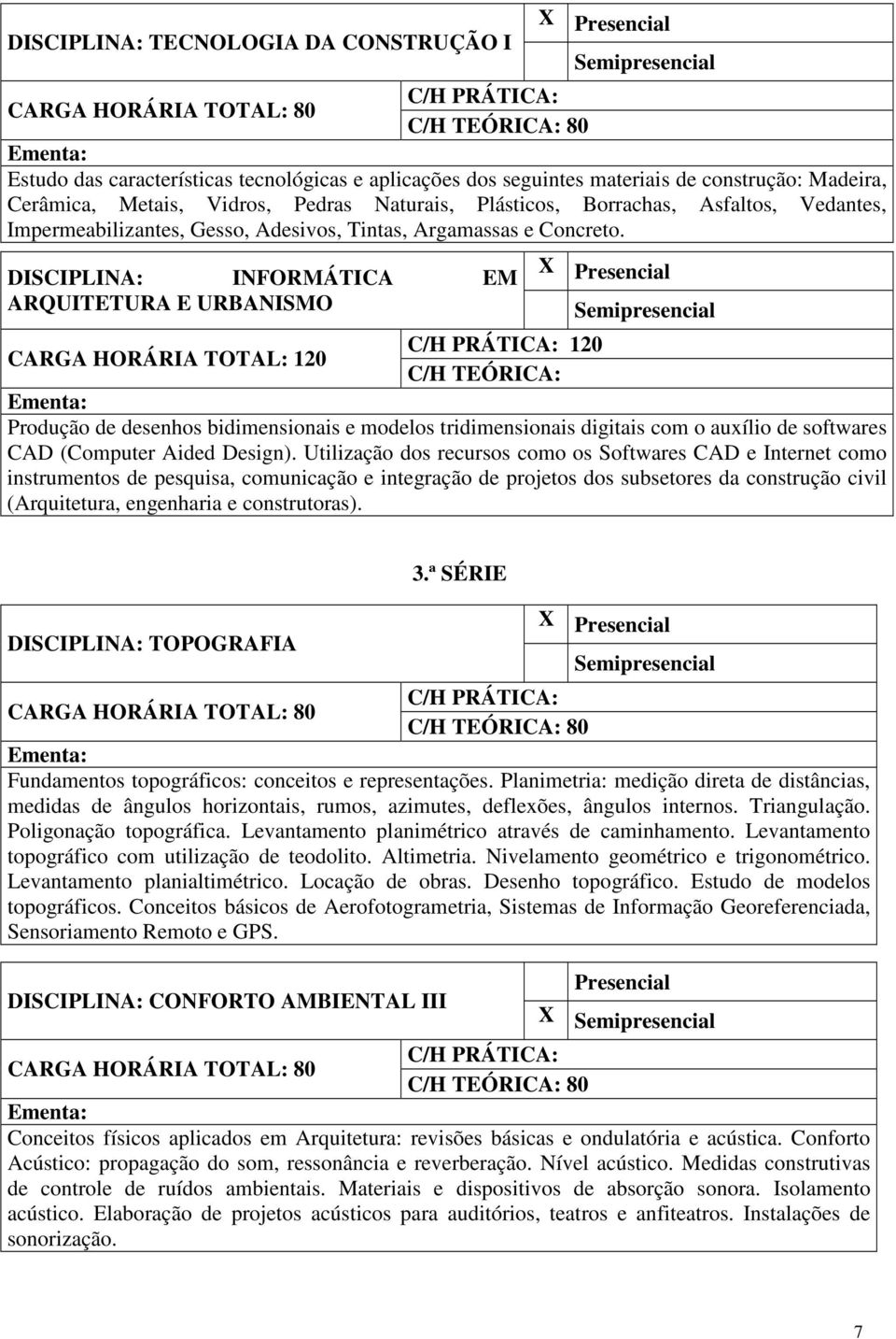 X DISCIPLINA: INFORMÁTICA EM ARQUITETURA E URBANISMO 120 Produção de desenhos bidimensionais e modelos tridimensionais digitais com o auxílio de softwares CAD (Computer Aided Design).