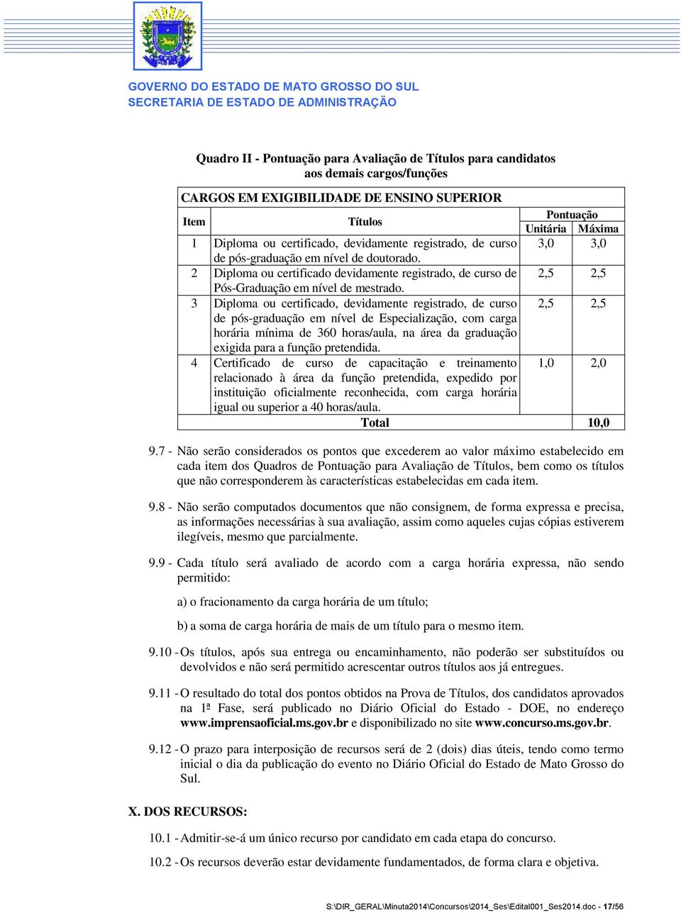 3 Diploma ou certificado, devidamente registrado, de curso 2,5 2,5 de pós-graduação em nível de Especialização, com carga horária mínima de 360 horas/aula, na área da graduação exigida para a função