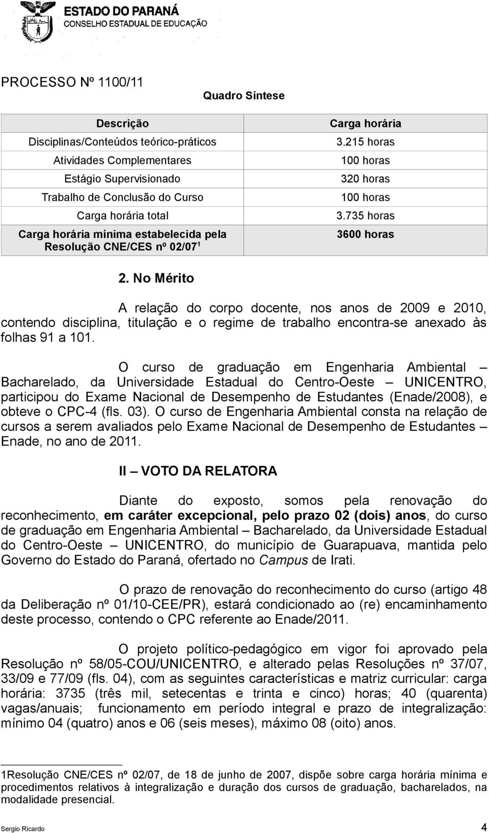 No Mérito A relação do corpo docente, nos anos de 2009 e 2010, contendo disciplina, titulação e o regime de trabalho encontra-se anexado às folhas 91 a 101.