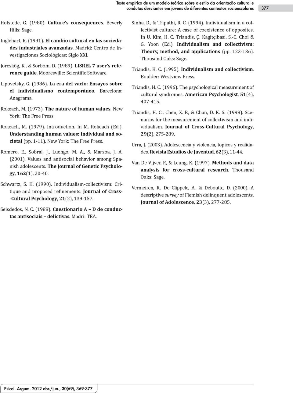 LISREL 7 user's reference guide. Mooresville: Scientific Software. Lipovetsky, G. (1986). La era del vacío: Ensayos sobre el individualismo contemporáneo. Barcelona: Anagrama. Rokeach, M. (1973).