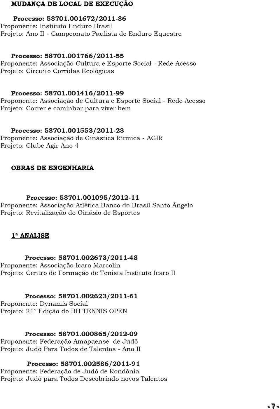 001416/2011-99 Proponente: Associação de Cultura e Esporte Social - Rede Acesso Projeto: Correr e caminhar para viver bem Processo: 58701.