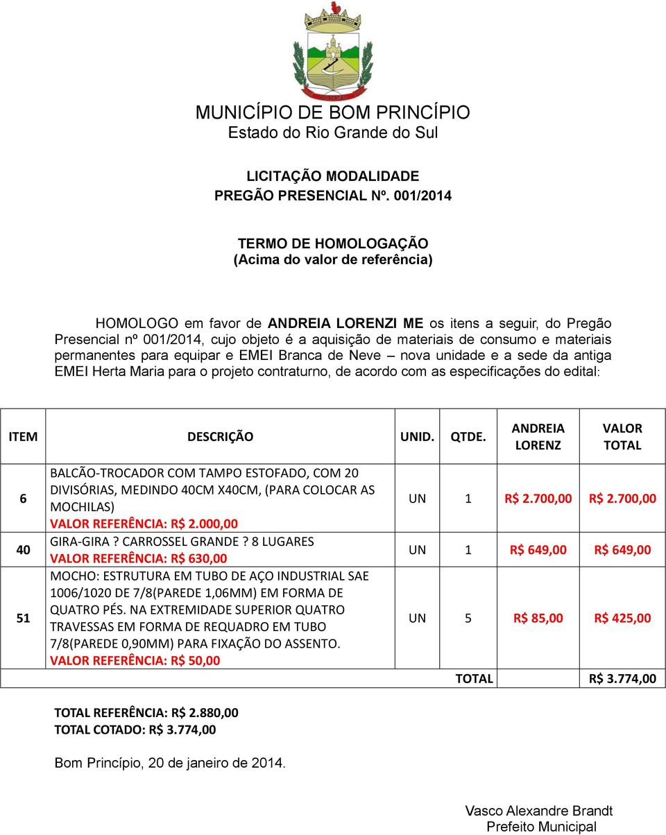 VALOR TOTAL 6 40 51 BALCÃO-TROCADOR COM TAMPO ESTOFADO, COM 20 DIVISÓRIAS, MEDINDO 40CM X40CM, (PARA COLOCAR AS MOCHILAS) VALOR REFERÊNCIA: R$ 2000,00 GIRA-GIRA? CARROSSEL GRANDE?