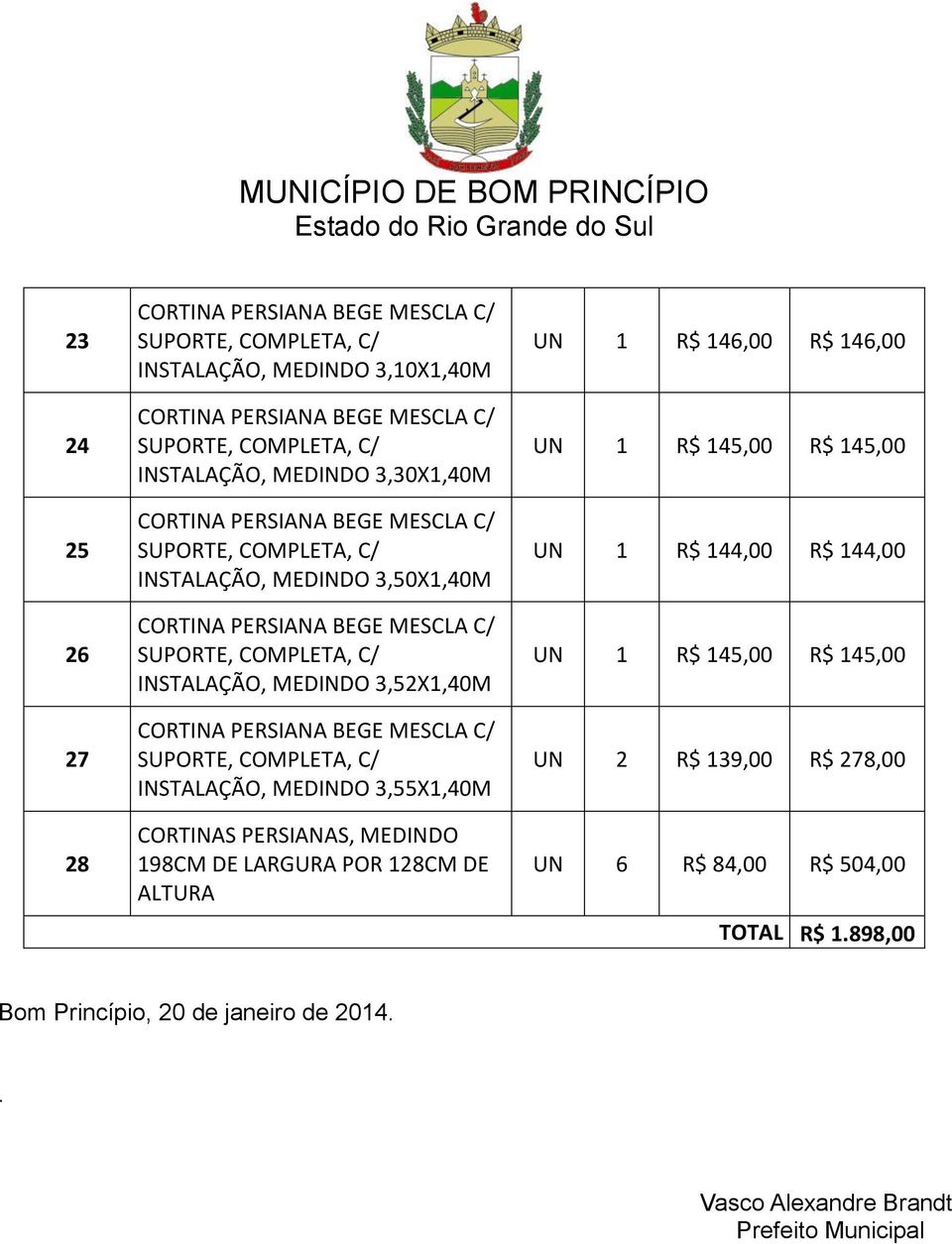 198CM DE LARGURA POR 128CM DE ALTURA UN 1 R$ 146,00 R$ 146,00 UN 1 R$ 145,00 R$ 145,00 UN 1 R$