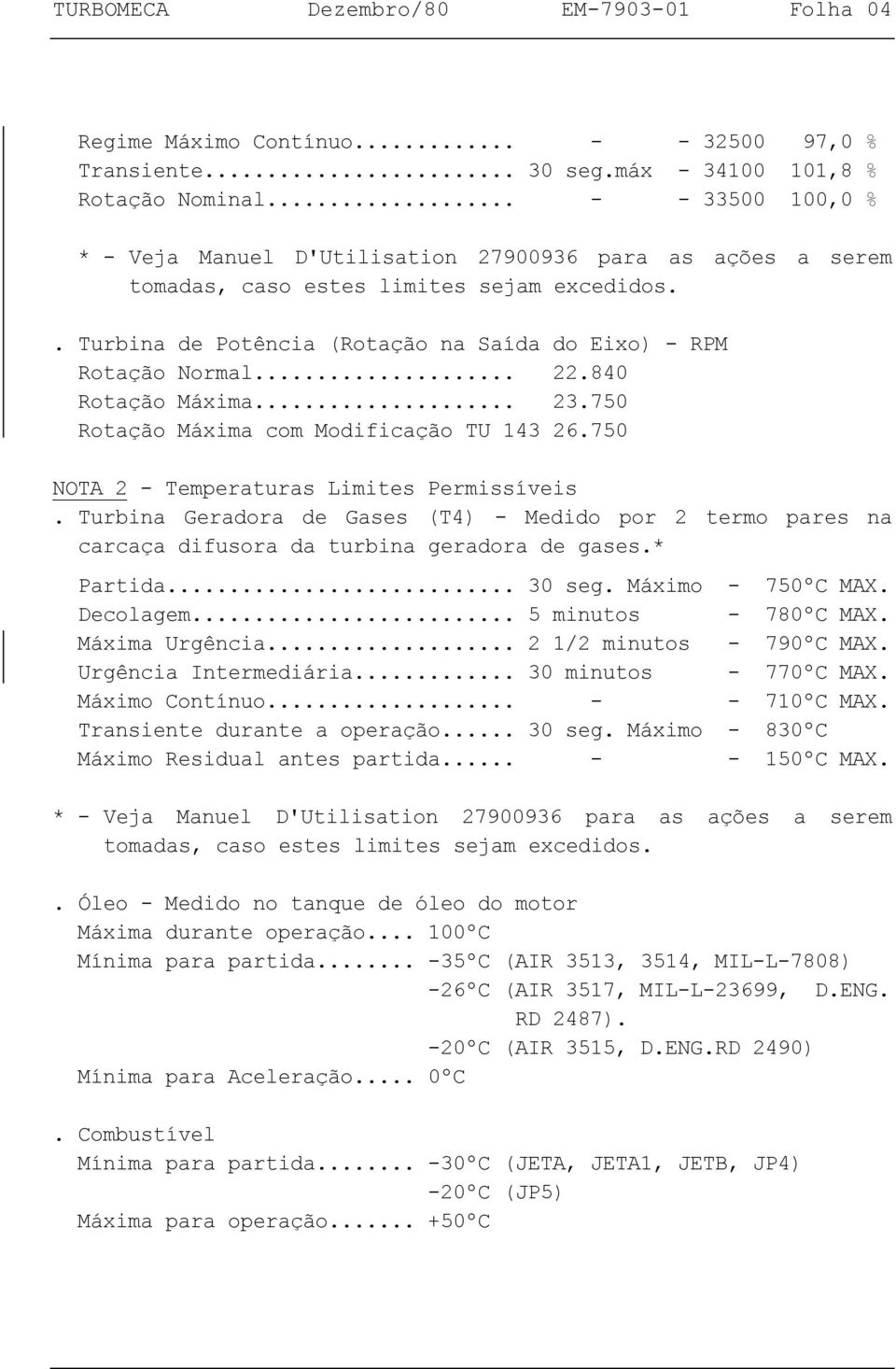 840 Rotação Máxima... 23.750 Rotação Máxima com Modificação TU 143 26.750 NOTA 2 - Temperaturas Limites Permissíveis.