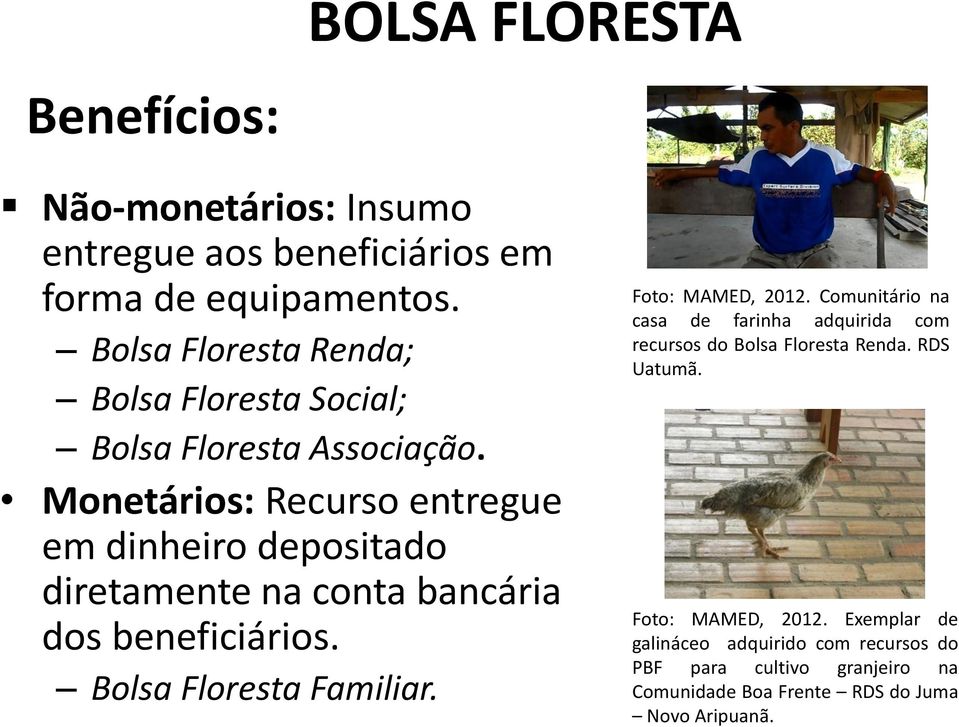 Monetários: Recurso entregue em dinheiro depositado diretamente na conta bancária dos beneficiários. Bolsa Floresta Familiar.