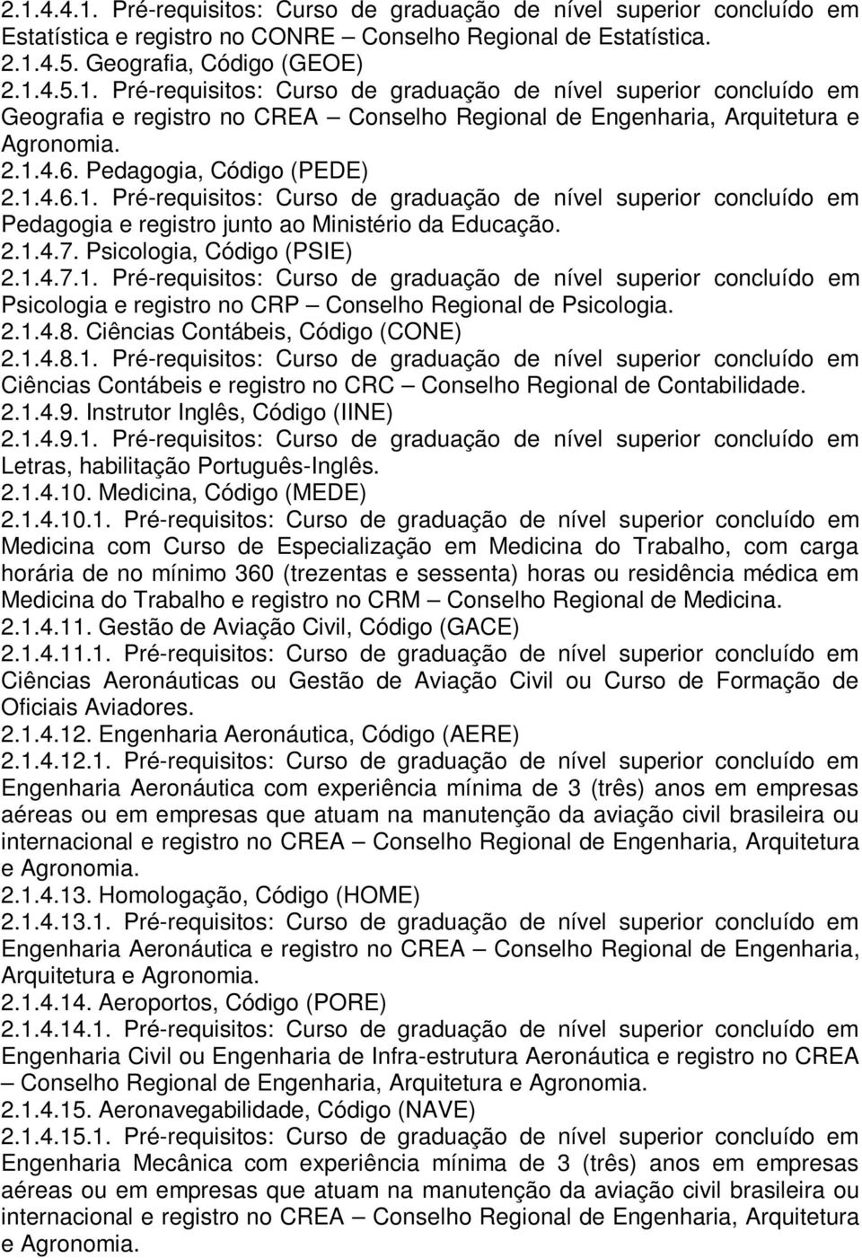 Psicologia, Código (PSIE) 2.1.4.7.1. Pré-requisitos: Curso de graduação de nível superior concluído em Psicologia e registro no CRP Conselho Regional de Psicologia. 2.1.4.8.