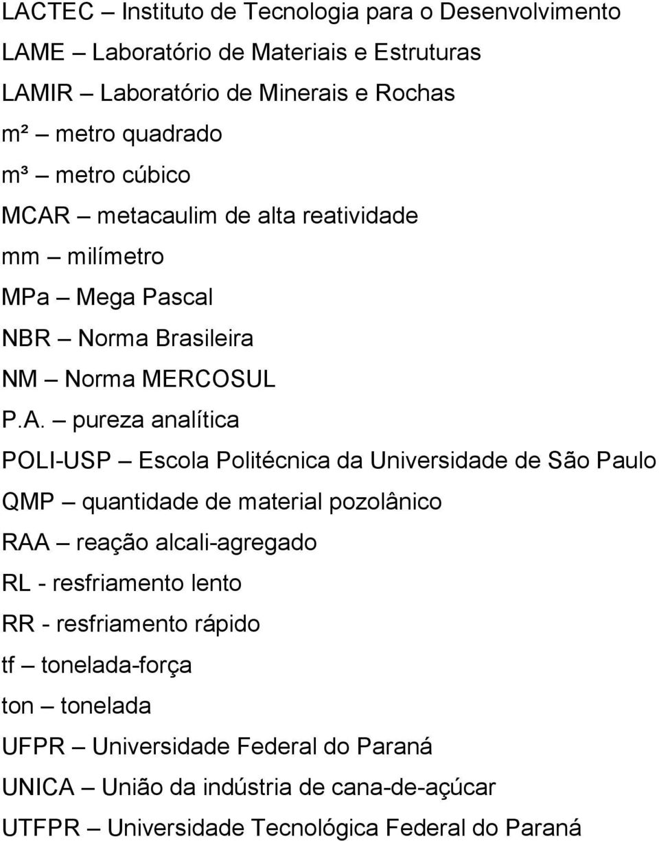 metacaulim de alta reatividade mm milímetro MPa Mega Pascal NBR Norma Brasileira NM Norma MERCOSUL P.A.