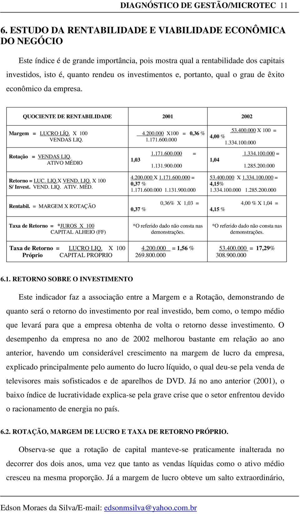 portanto, qual o grau de êxito econômico da empresa. QUOCIENTE DE RENTABILIDADE 2002 Margem = LUCRO LÍQ. X 100 VENDAS LIQ. 4.200.000 X100 = 0,36 % 1.171.600.000 53.400.000 X 100 = 4,00 % 1.334.100.000 Rotação = VENDAS LIQ.