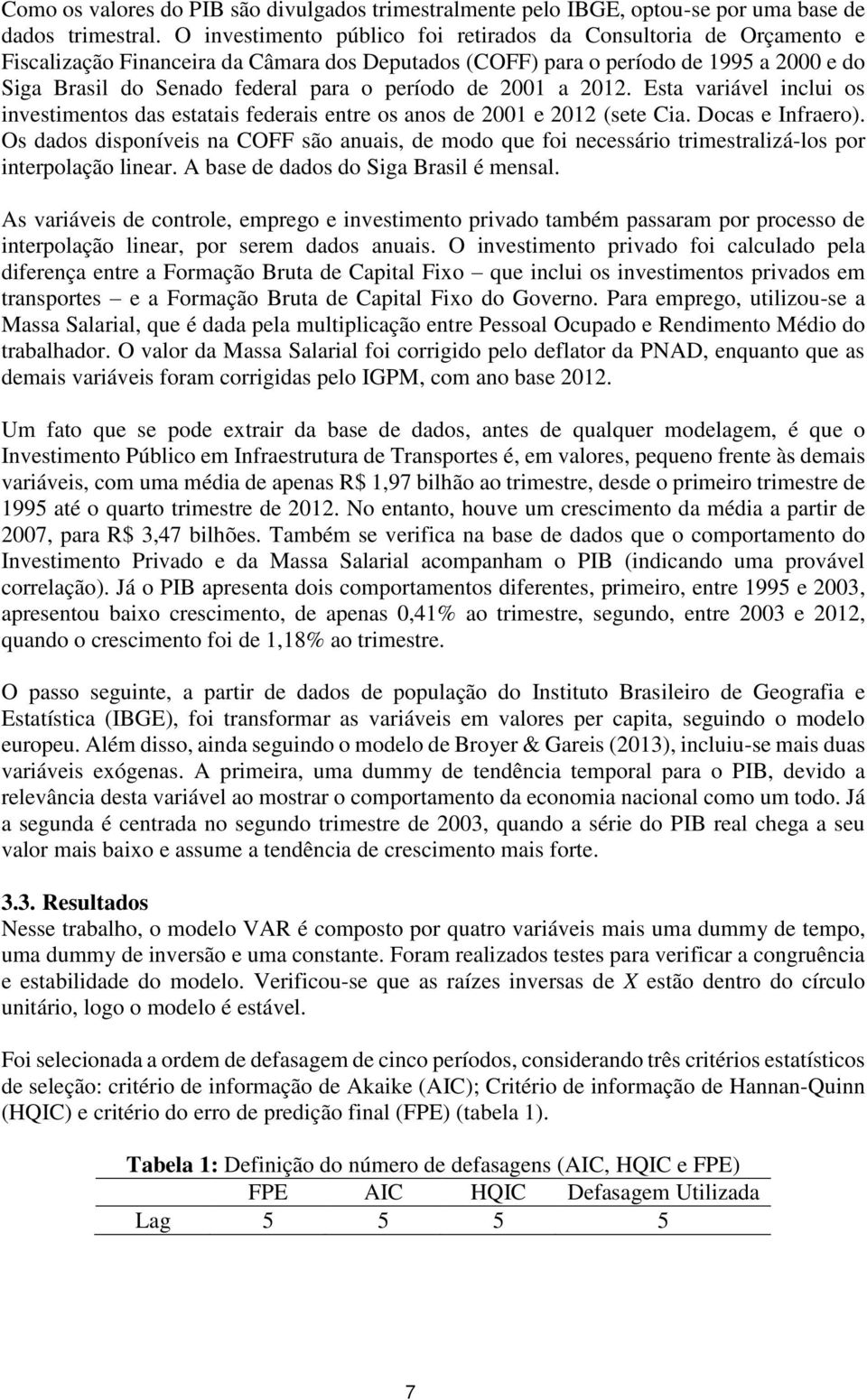 período de 2001 a 2012. Esta variável inclui os investimentos das estatais federais entre os anos de 2001 e 2012 (sete Cia. Docas e Infraero).