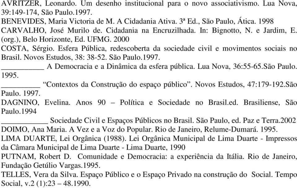 Esfera Pública, redescoberta da sociedade civil e movimentos sociais no Brasil. Novos Estudos, 38: 38-52. São Paulo.1997. A Democracia e a Dinâmica da esfera pública. Lua Nova, 36:55-65.São Paulo. 1995.