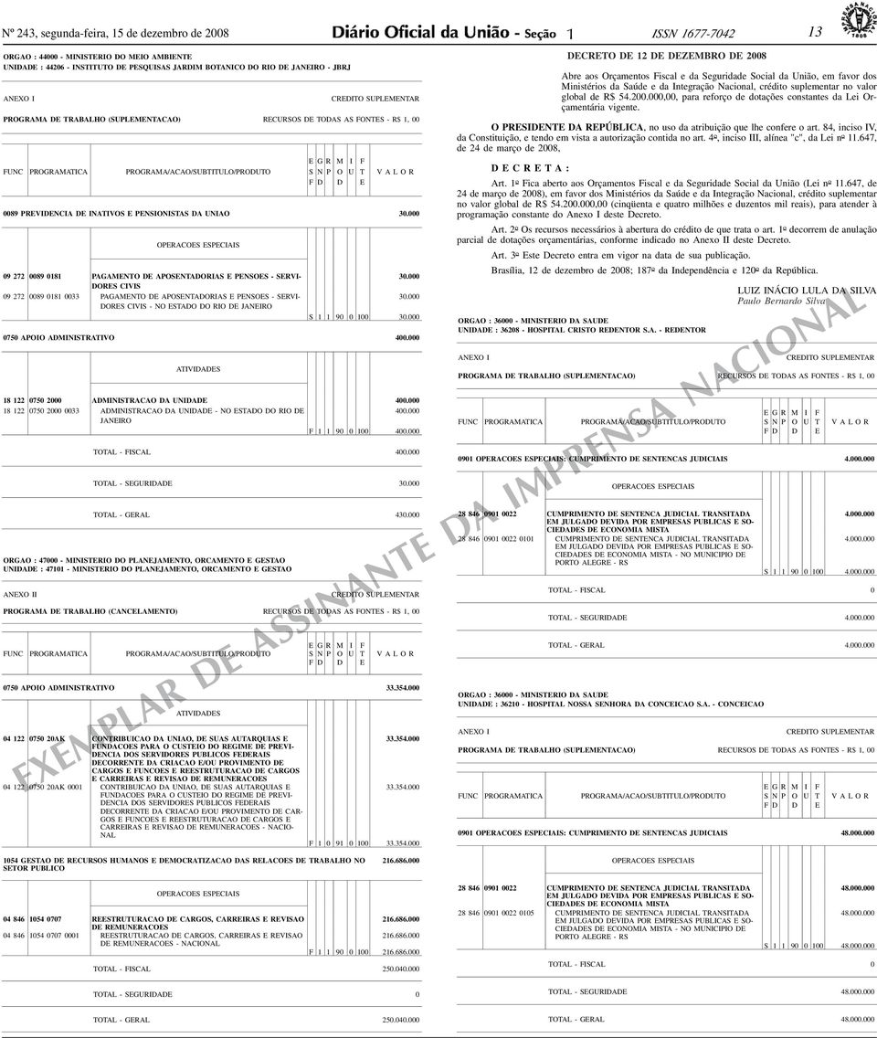 000 DORES CIVIS 09 272 0089 0181 0033 PAGAMENTO DE APOSENTADORIAS E PENSOES - SERVI- 30.000 DORES CIVIS - NO ESTADO DO RIO DE JANEIRO S 1 1 90 0 100 30.000 0750 APOIO ADMINISTRATIVO 400.