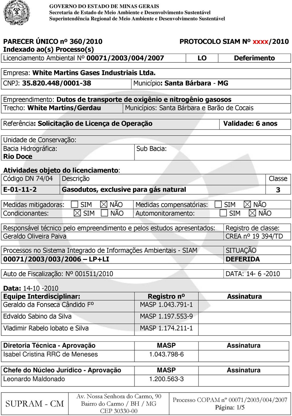 Solicitação de Licença de Operação Validade: 6 anos Unidade de Conservação: Bacia Hidrográfica: Rio Doce Sub Bacia: Atividades objeto do licenciamento: Código DN 74/04 Descrição Classe E-01-11-2