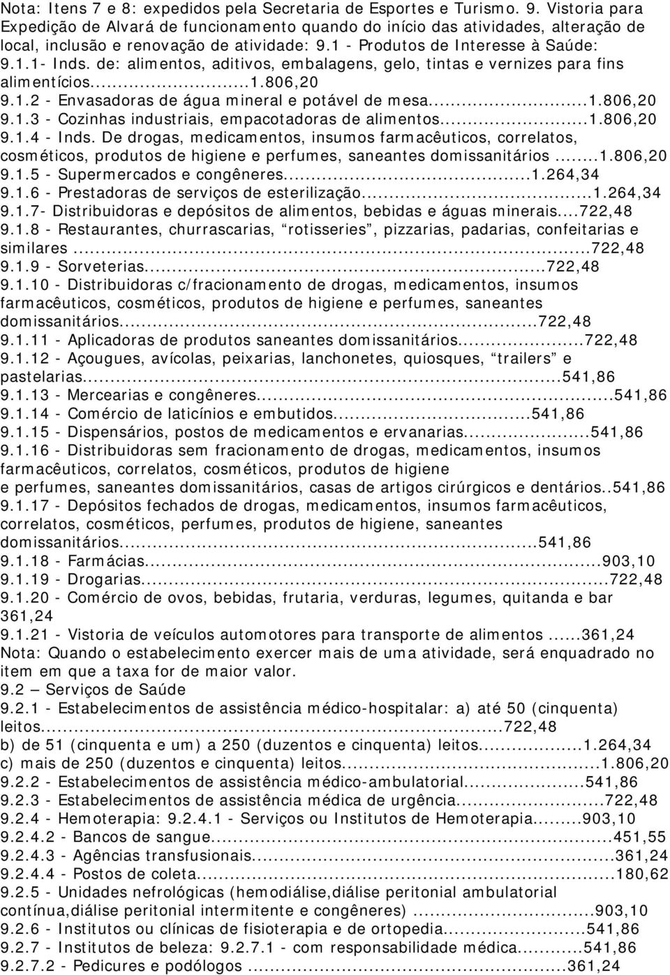 de: alimentos, aditivos, embalagens, gelo, tintas e vernizes para fins alimentícios...1.806,20 9.1.2 - Envasadoras de água mineral e potável de mesa...1.806,20 9.1.3 - Cozinhas industriais, empacotadoras de alimentos.