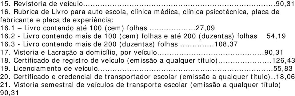 3 - Livro contendo mais de 200 (duzentas) folhas...108,37 17. Vistoria e Lacração a domicílio, por veículo...90,31 18.