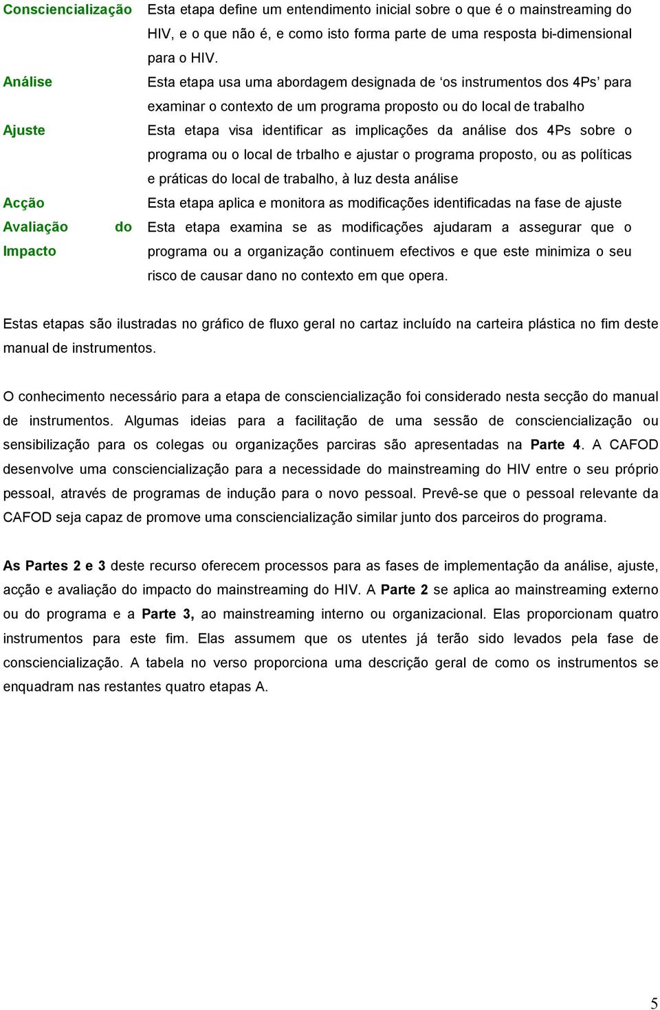 análise dos 4Ps sobre o programa ou o local de trbalho e ajustar o programa proposto, ou as políticas e práticas do local de trabalho, à luz desta análise Acção Esta etapa aplica e monitora as