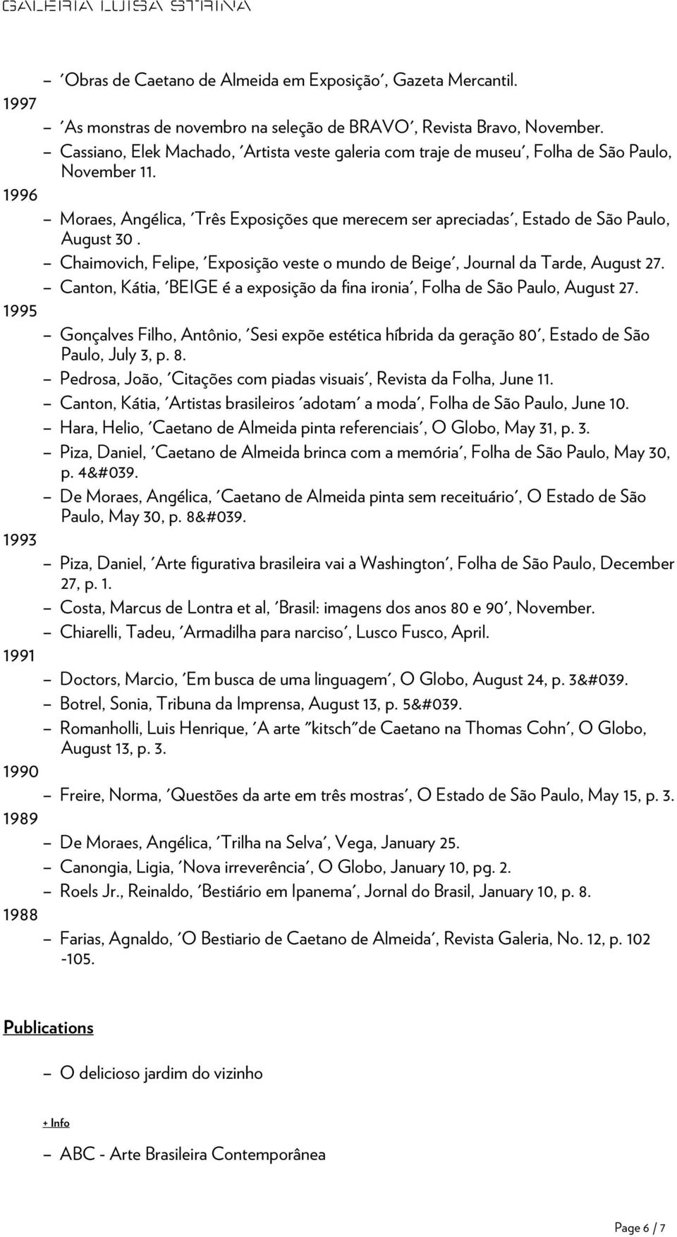 1996 Moraes, Angélica, 'Três Exposições que merecem ser apreciadas', Estado de São Paulo, August 30. Chaimovich, Felipe, 'Exposição veste o mundo de Beige', Journal da Tarde, August 27.