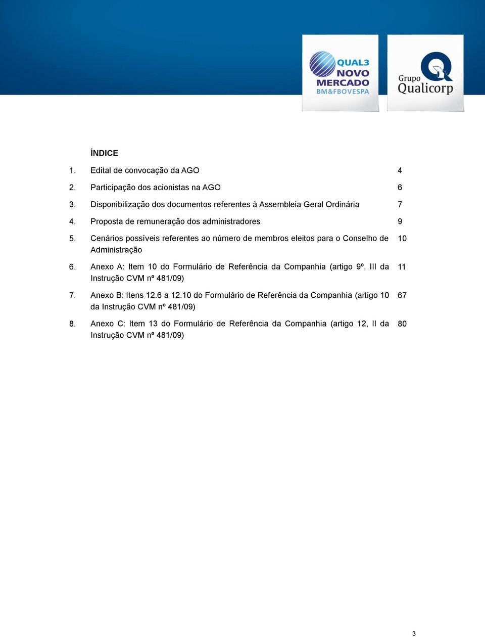 Anexo A: Item 10 do Formulário de Referência da Companhia (artigo 9º, III da Instrução CVM nº 481/09) 7. Anexo B: Itens 12.6 a 12.