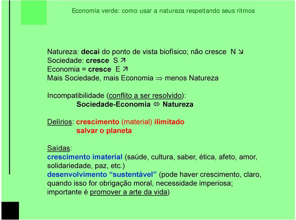 salvar o planeta Saídas: crescimento imaterial (saúde, cultura, saber, ética, afeto, amor, solidariedade, paz, etc.