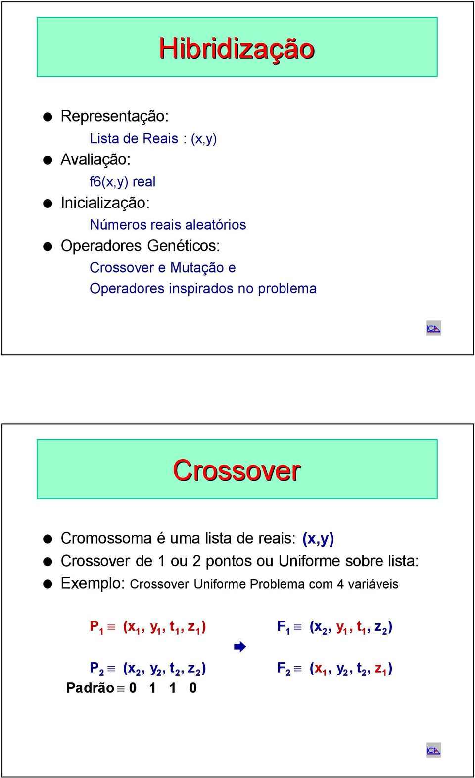 reais: (x,y) Crossover de 1 ou 2 pontos ou Uniforme sobre lista: Exemplo: Crossover Uniforme Problema com 4