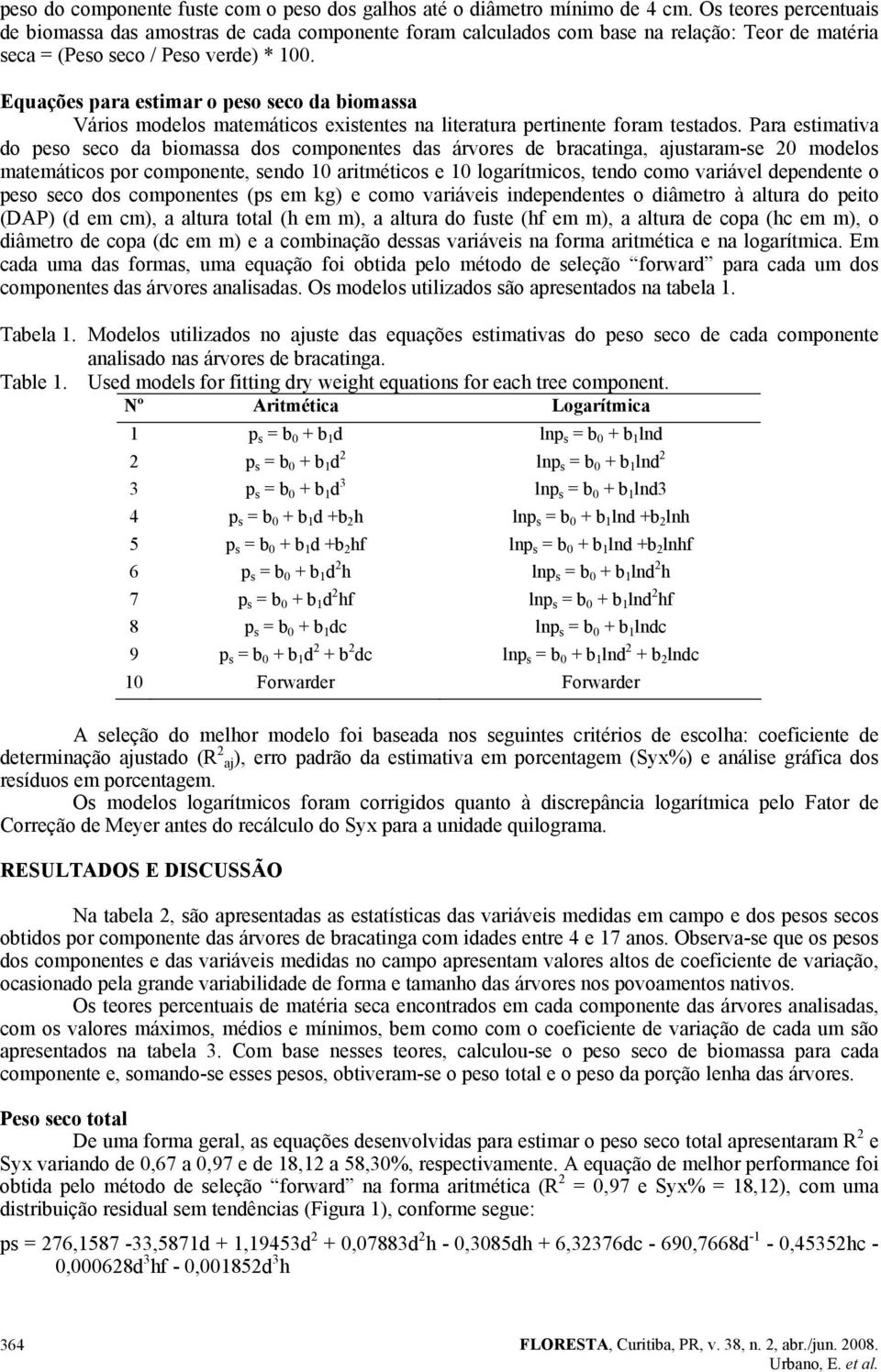 Equações para estimar o peso seco da biomassa Vários modelos matemáticos existentes na literatura pertinente foram testados.