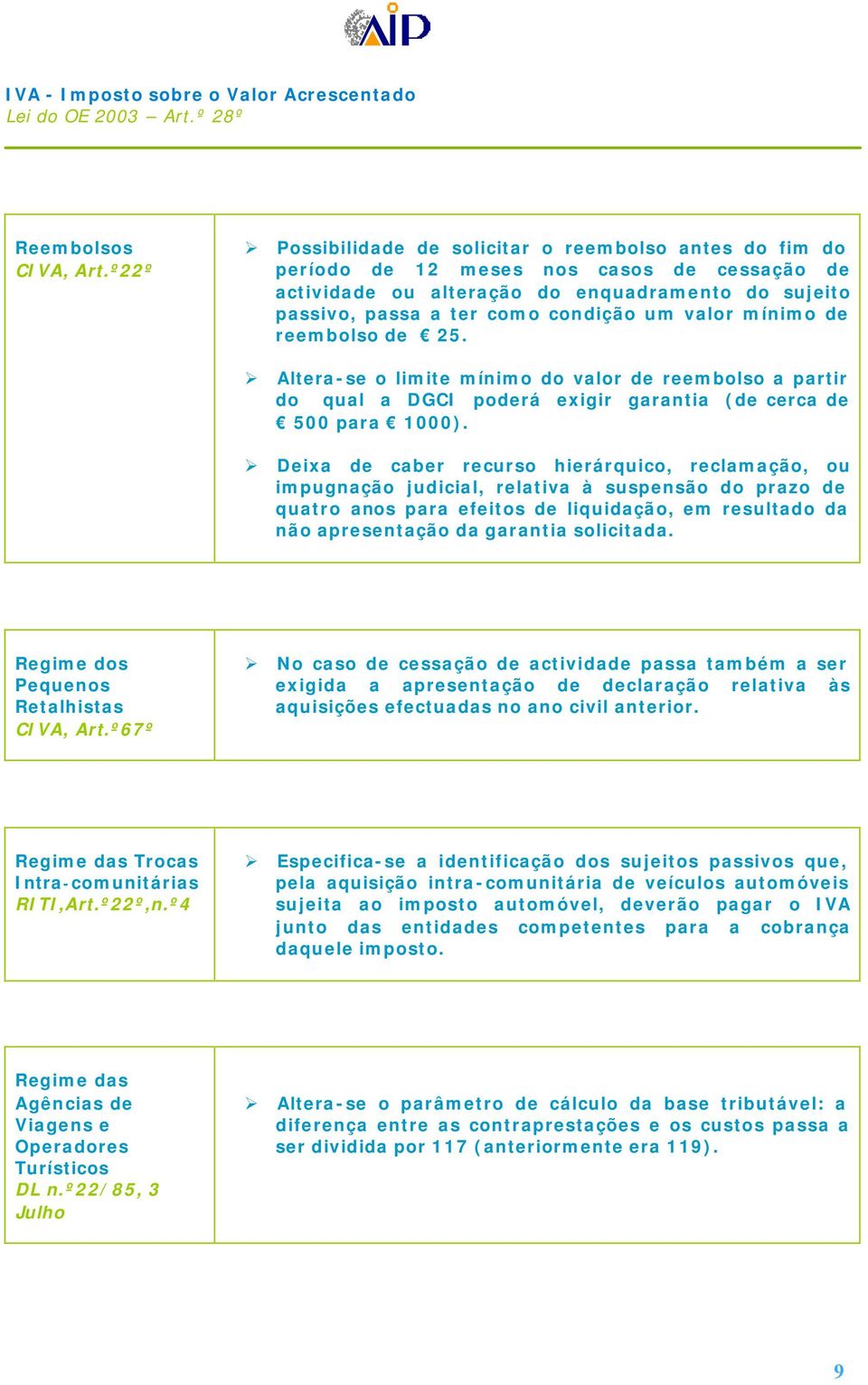 valor mínimo de reembolso de 25. Altera-se o limite mínimo do valor de reembolso a partir do qual a DGCI poderá exigir garantia (de cerca de 500 para 1000).