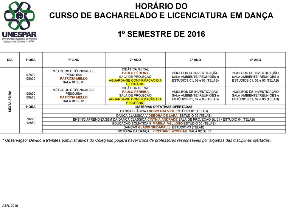 ESTÚDIO 04 (TELAB) EDUCAÇÃO SOMÁTICA II DANÇAS GLADIS TRIDAPALLI HISTÓRIA DA I * Observação: Devido a trâmites