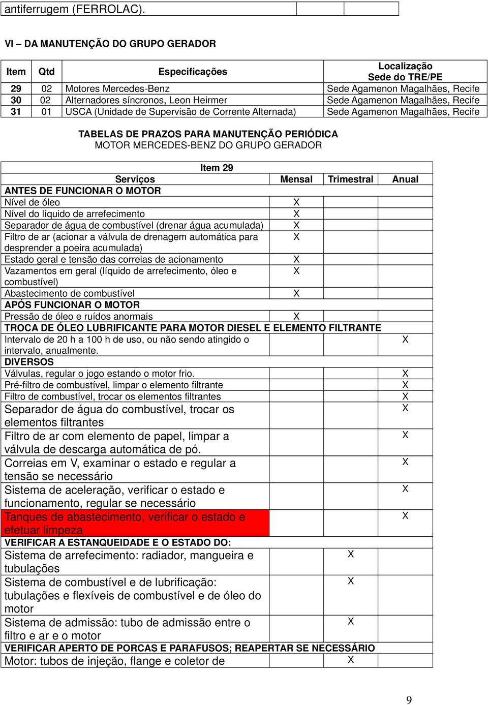 Agamenon Magalhães, Recife 31 01 USCA (Unidade de Supervisão de Corrente Alternada) Sede Agamenon Magalhães, Recife TABELAS DE PRAZOS PARA MANUTENÇÃO PERIÓDICA MOTOR MERCEDES-BENZ DO GRUPO GERADOR