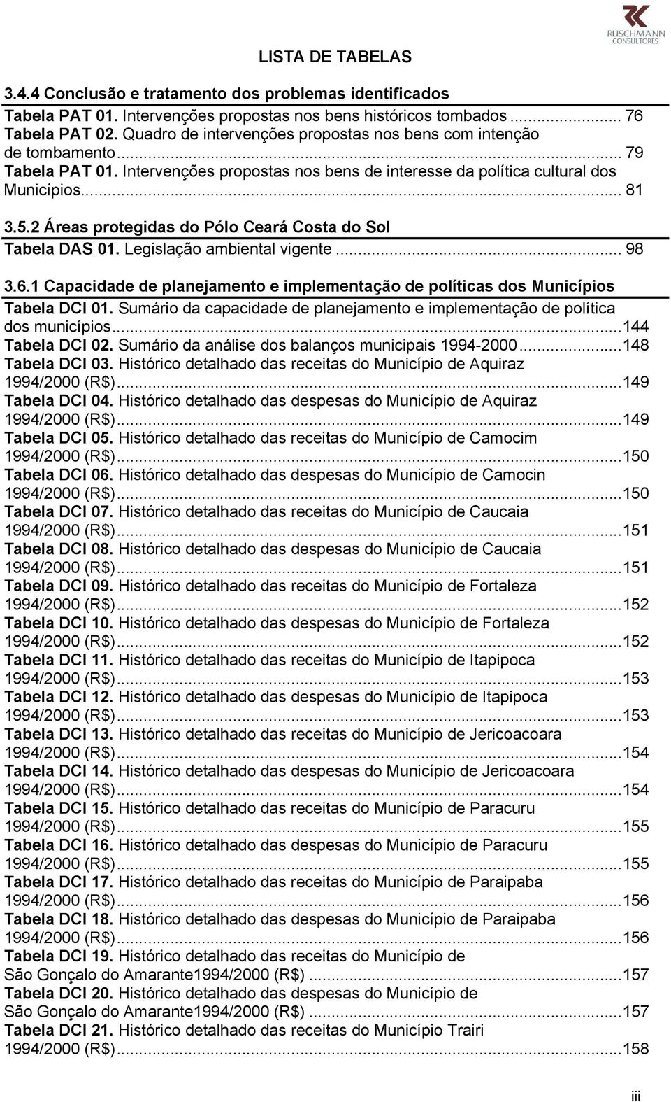 2 Áreas protegidas do Pólo Ceará Costa do Sol Tabela DAS 01. Legislação ambiental vigente... 98 3.6.1 Capacidade de planejamento e implementação de políticas dos Municípios Tabela DCI 01.