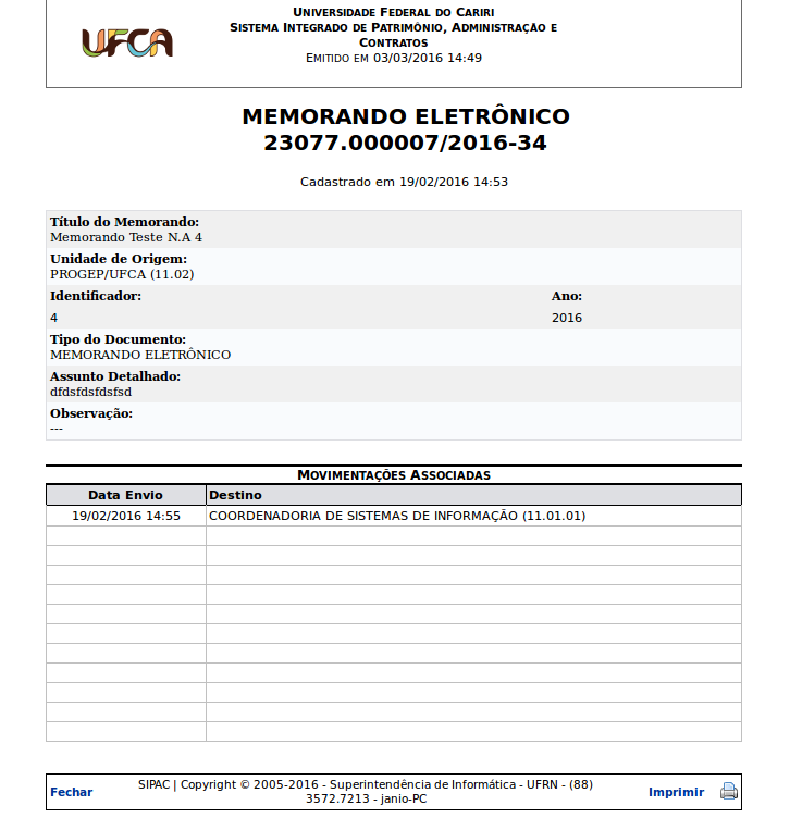 Clicando no link Imprimir Comprovante, será exibido o comprovante