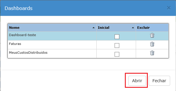 3.1 Adicionar um dashboard Clique no botão Arquivo > Abrir. GUIA DE INÍCIO RÁPIDO Figura 2 - Dashboards Será exibida a lista dos dashboards existentes.
