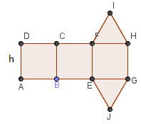 Planificando temos: Exemplo 2: Num prisma triangular regular, a medida da aresta da base é igual a medida h da altura do prisma. Sabendo-se que a área lateral é 10 m², calcule a área total do prisma.