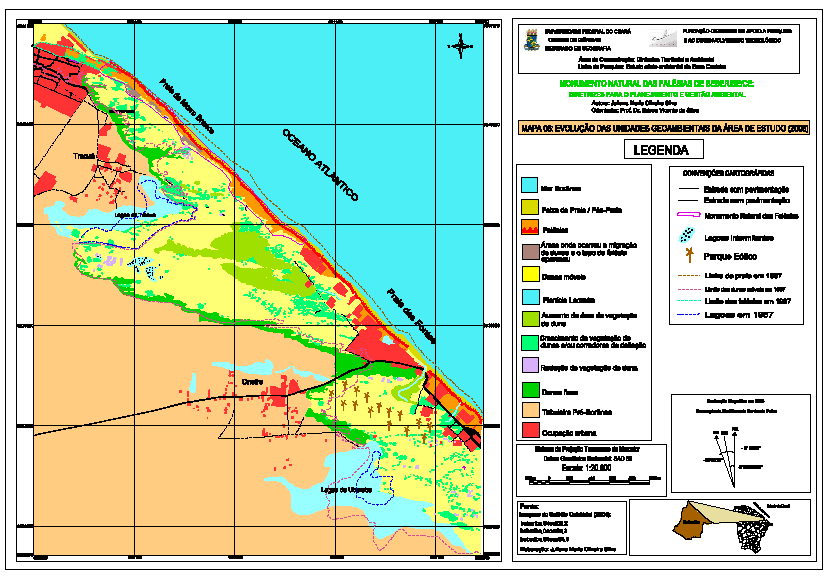 Mapa 03: Evolução das unidades geoambientais da área de estudo (2008) Agora, em alguns setores as dunas móveis migraram, mas sem fixação, continuam migrando, o mapa 03 mostra na praia das Fontes, a