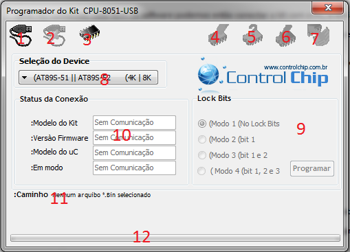 Manual completo Kit MODULAR 8051 17 SOFTWARE DE GRAVAÇÃO USB (PROG-CPU-8051-USB) Este software é utilizado para gravar na memória flash do 8051 o programa do usuário previamente compilado.