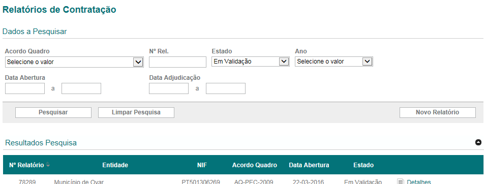 - Data de Adjudicação: intervalo das datas de adjudicação do(s) procedimento(s) a consultar. Na lista de RC, pode ser consultada a seguinte informação: - N.