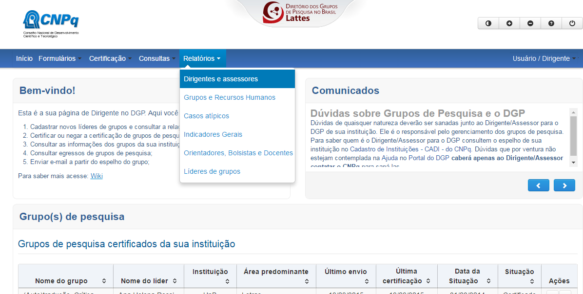 2 Passo. Será exibida a tela com um filtro para a consulta de instituições. (Figura 56) Figura 56 - Tela Relatório de Dirigentes e Assessores 3 Passo.