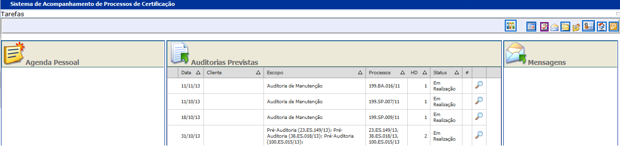 Pag. Nº 6/23 Área Principal A página principal do módulo do auditor está dividida em 3 áreas: Agenda Pessoal É apresentada nessa área todas as tarefas solicitadas para o auditor que ainda não foram