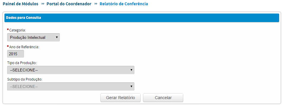 2) Inclusão dos filtros Tipo da Produção e Subtipo da Produção para o Relatório de Conferência de Produção Intelectual.