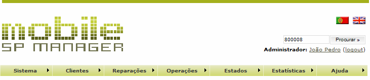 2. Organização estrutural da informação/menus» Menus O Mobile Service Point Manager está estruturado em várias áreas.