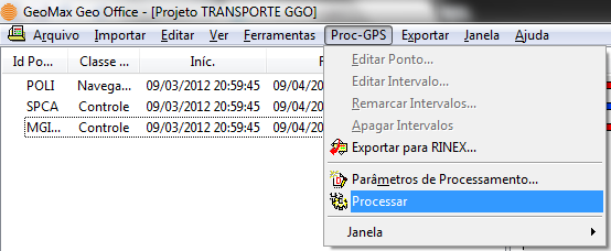 Processamento (GPS) Clique no menu Proc-GPS e depois em Processar.