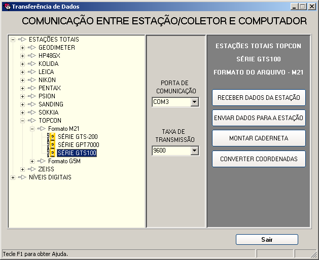 4 Figura 1: Tela principal do Programa Posição Figura 2: Tela de comunicação Selecionar a Estação Total, verificar a Porta de Comunicação e apertar em RECEBER DADOS DA ESTAÇÃO.