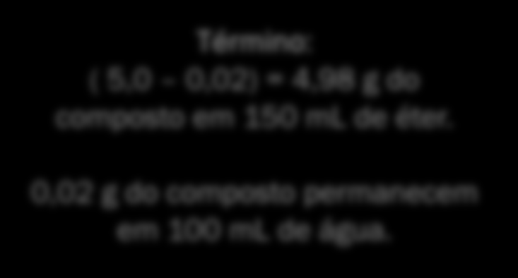 Considerando o sistema anterior, mas adicionando o éter em três porções de 50 ml: Primeira extração: Início: 5,0 g do composto em 100 ml de água K = 10 = 10 = 5,0 x (g) 50 (ml de éter) x (g) 100 ( ml