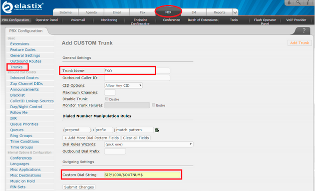 Agora vamos criar rota de entrada e saída, acesse: PBX Outbound Routes Escolha o nome da saída e selecione o tronco; Dial