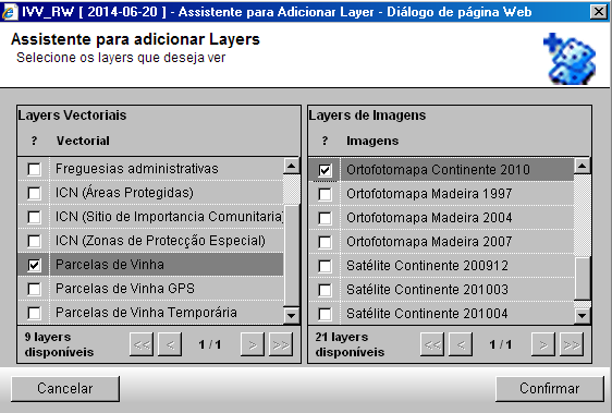 2.2.2.4. Adicionar Layer O botão Adicionar Layer aplica-se a layers vetoriais (por exemplo, parcelas, freguesias) e as layers de imagem (por exemplo, ortofotomapas, cartas militares).