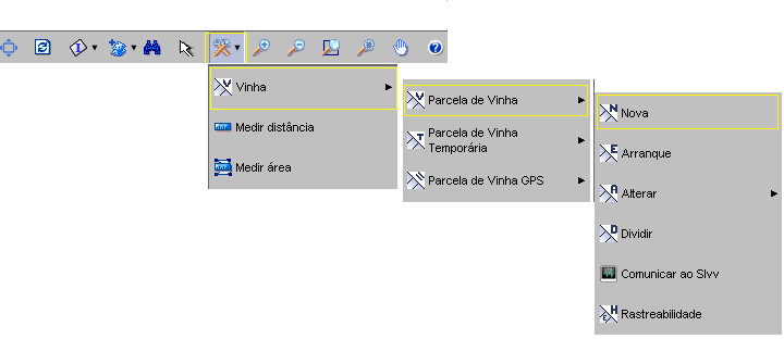 Funcionalidades São criadas e disponibilizadas na janela gráfica as seguintes funcionalidades, para a gestão do layer de Parcelas de Vinha: 1. Criação de novas parcelas 2.