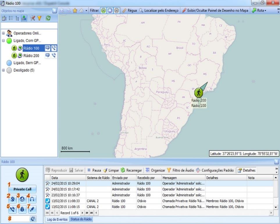 Após selecionado o mapa clique em OK, e aparecera uma nova janela: Legenda: 1 - Inicia uma chamada privativa com o rádio selecionado no painel da esquerda.
