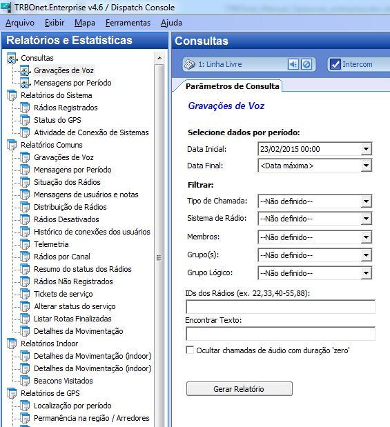 6. Relatórios e Estatísticas Nesta seção é possível fazer consultas, extrair arquivos de áudio e gerar relatórios para serem impressos ou salvos em arquivos.pdf,.html, e outros. 6.