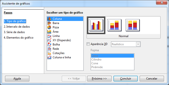 Dica: em gráficos em que é possível a apresentação de dados percentuais o próprio assistente disponibiliza esta opção nos passos de criação de gráficos.