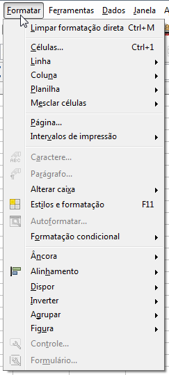 MENU FORMATAR >>> CÉLULAS (CTRL+1) Podemos formatar as células de nossa planilha através desta opção ou